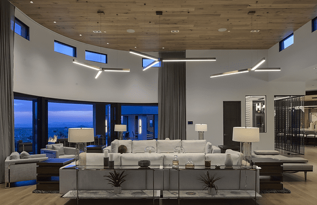 Large residential great room with custom furnishings by JSF Design