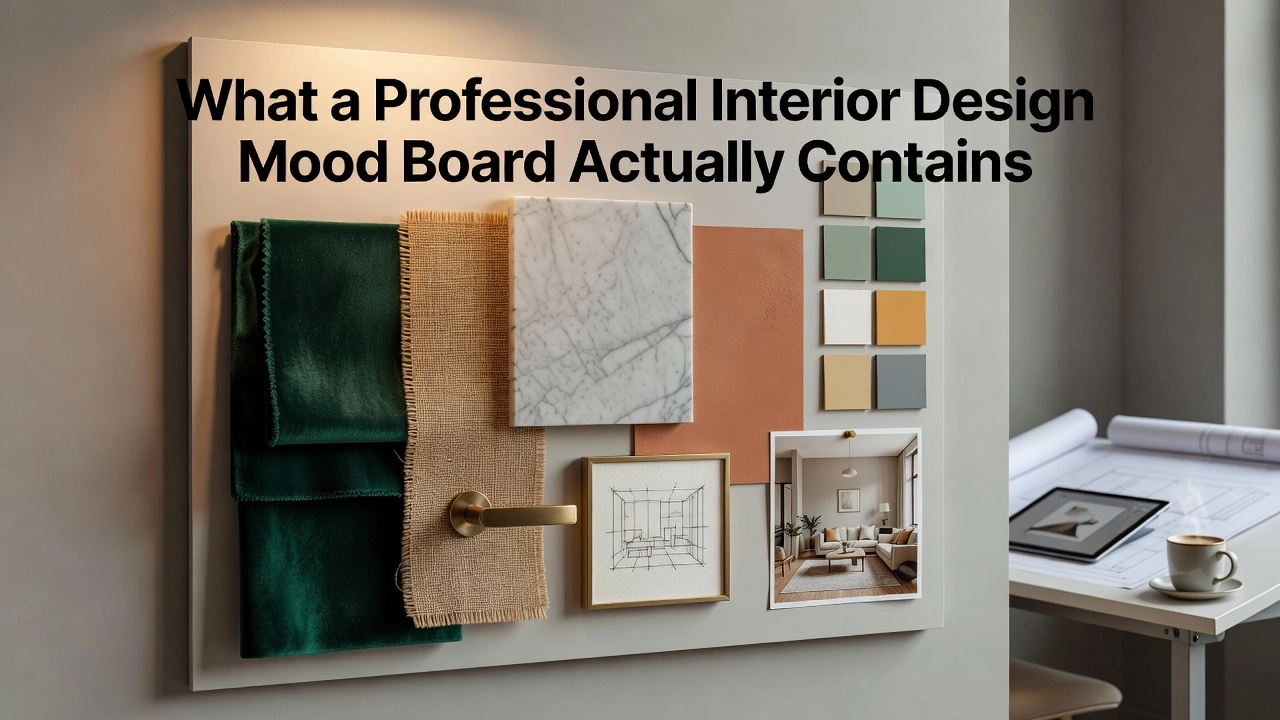 Professional header image for educational tutorial: What a Professional Interior Design Mood Board Actually C...