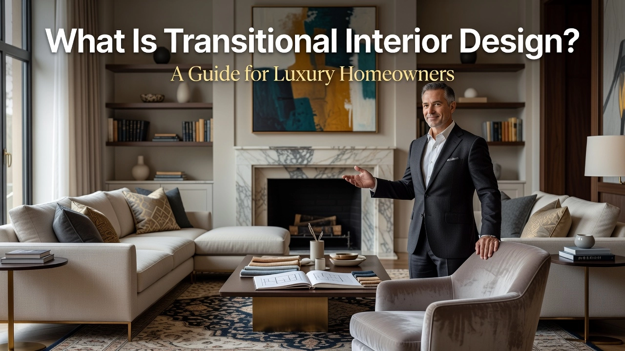 Professional header image for educational tutorial: What Is Transitional Interior Design? A Guide for Luxury ...
