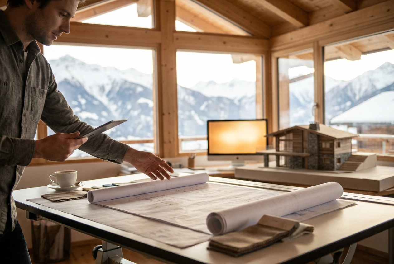 Professional header image for list-based article: Design Principles for a Mountain Cottage That Actually Pe...